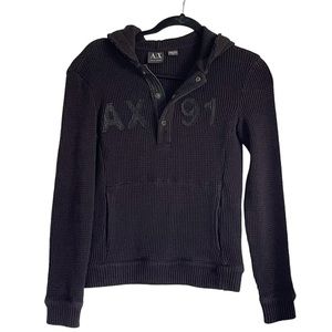 ARMANI EXCHANGE Vintage Henley Hoodie Black Thick Waffle Sweater❤️